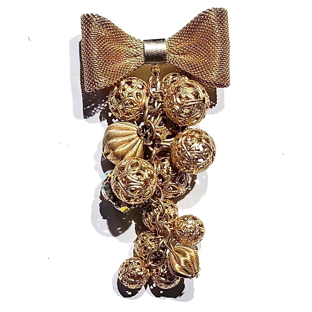 Miriam Haskell Bow Gold Grape Cluster Dangle Broo… - image 1